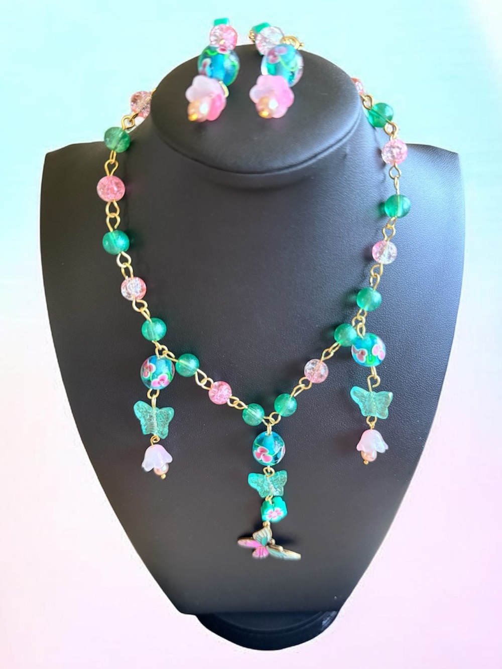 Handcrafted Green and Pink Butterfly Charm Necklace and Earring Set